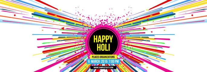 Creative template for Indian festival Happy Holi celebrations with multi color splash and strips on white background. Beautiful Indian festival Happy Holi.