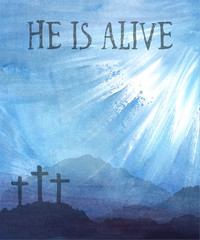 Easter scene with cross. Jesus Christ. Watercolor vector illustration  