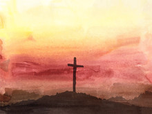 Easter Scene With Cross. Jesus Christ. Watercolor Vector Illustration  