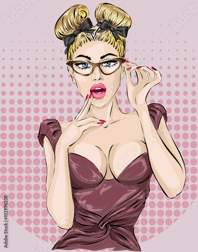 Naklejka - mata magnetyczna na lodówkę Sexy pop art woman portrait. Pin-up vector illustration