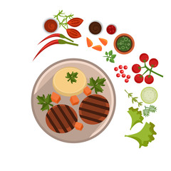 Sticker - Appetizing Steak on Plate. Vector Illustration