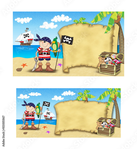 Pirate baptism invitation.
Two layouts of a pirate baptism invitation scene.
