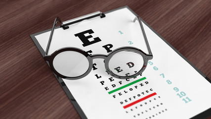 Sticker - Eyeglasses on tablet with eyesight test on screen, set on wooden surface.