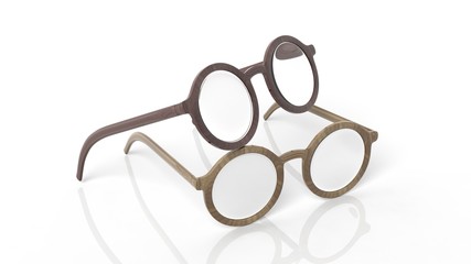 Sticker - Two pairs of wooden round-lens eyeglasses, isolated on white background.