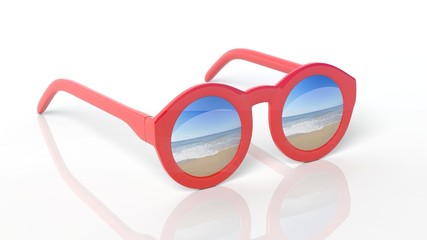 Wall Mural - Red round-lens sunglasses with sandy beach reflection on lens , isolated on white background.