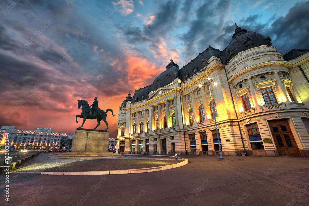 Bucharest Sunset. University Library by Night - obrazy, fototapety, plakaty 
