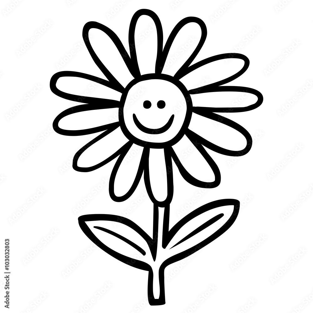 Handgezeichnete, lächelnde Blume / schwarz-weiß, Vektor, freigestellt Stock Vector