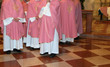  priests with cassock in church during the Holy Mass