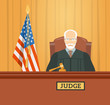 Judge man in courthouse at tribunal with gavel and flag of USA. Civil and criminal cases public trial. Vector flat illustration. Law and justice conceptual banner.