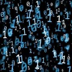 Wall Mural - Dark textured abstract blue color random binary code numbers stream on dark background. Conceptual binary code numbers background.