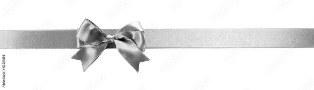 Silver silk ribbon with beautiful bow isolated on white background