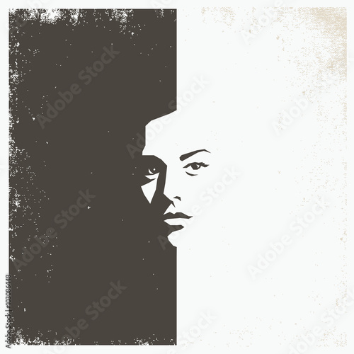 Fototapeta na wymiar Woman face, grunge wallpaper template - half black half white