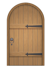 Old Wooden Arch Door. Closed Door, Made Of Wooden Planks, With Iron Hinges. Vector Isolated Illustration.