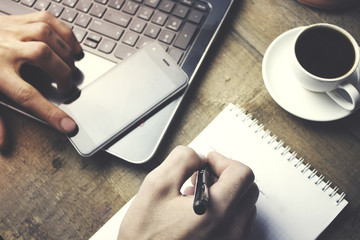 Wall Mural - man, phone, pen, notebook and coffee