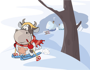 Wall Mural - Illustration of a little cow walking ski. Cartoon 