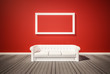 Hardwood floor and red wall, with red couch, 3d rendered