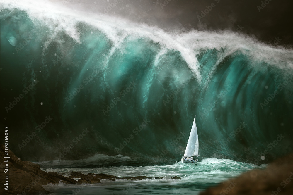 Sailboat in front of a tsunami - obrazy, fototapety, plakaty 