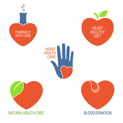 Set of icons and emblems with heart symbol for health care, cardiology, pharmacy and blood donation