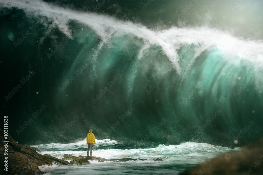 Man in front of a tsunami - obrazy, fototapety, plakaty 