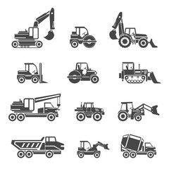 Wall Mural - Construction vehicles icons. Vehicle car, machine bulldozer construction, industry vehicle tractor, excavator and tipper, vector illustration