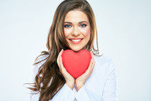 Red Heart Symbol Of Valentines Day Smiling Woman Hold.