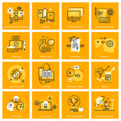 Wall Mural - thin line web icons of e-learning, video tutorials, online courses, e-book and library. vector illus