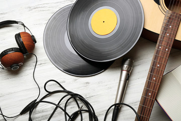 Poster - Close up view on musical equipment against grey wooden background