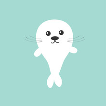 Seal Pup Baby Harp. Cute Cartoon Character. Blue Background. Flat Design