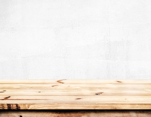 Wall Mural - empty pine wood table top ready for your product display montage. with white wall background.