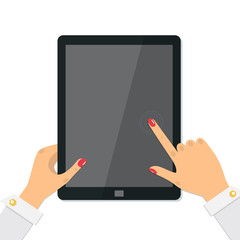 Female hands holding a tablet computer. Finger touching digital tablet screen. Vector illustration.