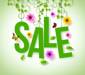 Wall Mural - spring sale hanging with vector vines, flowers and flying butterflies for spring and summer promotio