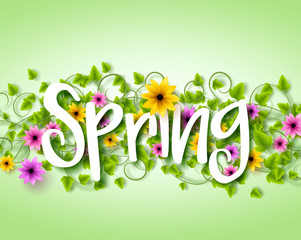 Wall Mural - Vector Spring Text Design with Colorful Realistic Elements like Flowers and Vines in the Background. Vector Illustration
