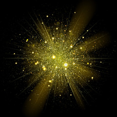 Aufkleber - Vector gold star sparkles in explosion. Glittering shining particles in starry space