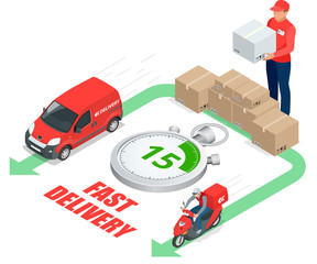 Wall Mural - Isometric delivery service concept. Fast delivery car, fast delivery motobike, delivery man, stopwatch. Vector 3d isometric illustration