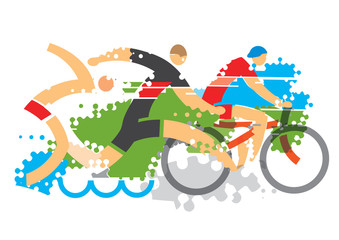 Wall Mural - Three Triathlon Racers.
Three triathlon athletes on the grunge background. Vector available. 
