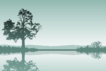 A Countryside Landscape with Tree and Reflection in Water