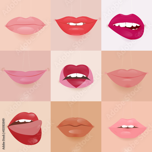 Fototapeta na wymiar Set of glamour lips with different lipstick colors