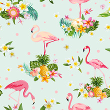 Flamingo Bird And Tropical Flowers Background - Retro Seamless Pattern