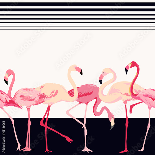 Obraz w ramie Flamingo Bird Background - Retro Seamless Pattern - in vector