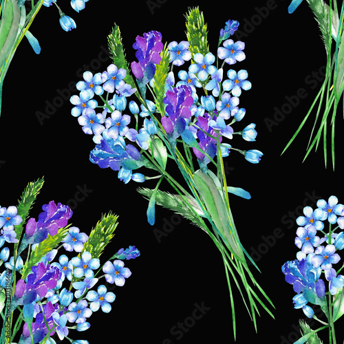 Seamless Floral Pattern With The Bouquets Of Blue Forget Me Not Flowers Myosotis And Lavender Flowers Painted In A Watercolor On A Dark Background Stock Illustration Adobe Stock