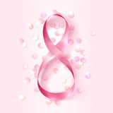 Fototapeta Tulipany - 8 March, International Women's Day. Figure eight made out of silk pink ribbon with confetti. Vector illustration, design template.