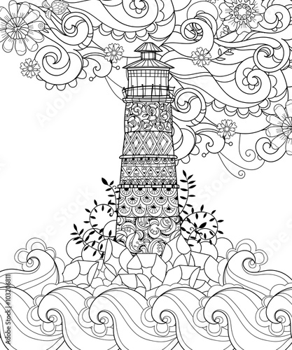 Hand Drawn Doodle Outline Lighthouse Decorated With Floral