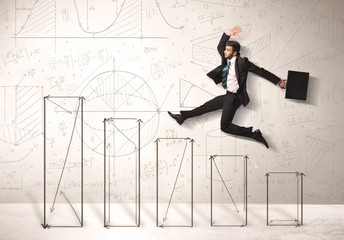 Wall Mural - Fast business man jumping up on hand drawn charts