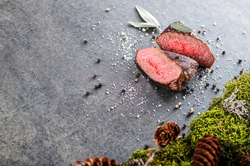 deer or venison steak with ingredients like sea salt, herbs and pepper, food background for restaura