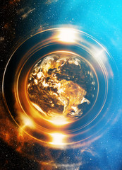 Poster - Planet Earth in light circle, Cosmic Space background. Computer collage. Earth concept. Planet earth in light rays. Elements of this image furnished by NASA.