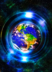 Aufkleber - Planet earth in light circle with light triangle structure. Computer collage. Earth concept. Planet earth in light rays. Elements of this image furnished by NASA.