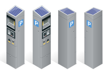 Parking meter allowing payment by mobile phone, credit cards, coins. Infographic business elements. Flat 3d isometric vector illustration.