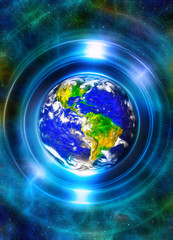 Aufkleber - Planet earth in light circle, Cosmic Space background. Computer collage. Earth concept. Elements of this image furnished by NASA.