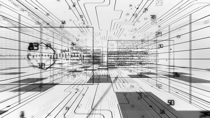 Canvas Print - Flight through the Digital Code Stream. Black on White. Looped 3d animation. Digital Technology Concept. HD 1080.