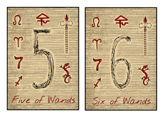 Sticker - The tarot card in red. Five and six of wands